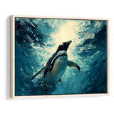 Penguin In The Blue Sea Ocean Acrylic Painting, Floating Frame, Framed Canvas Print Wall Art Home Decor