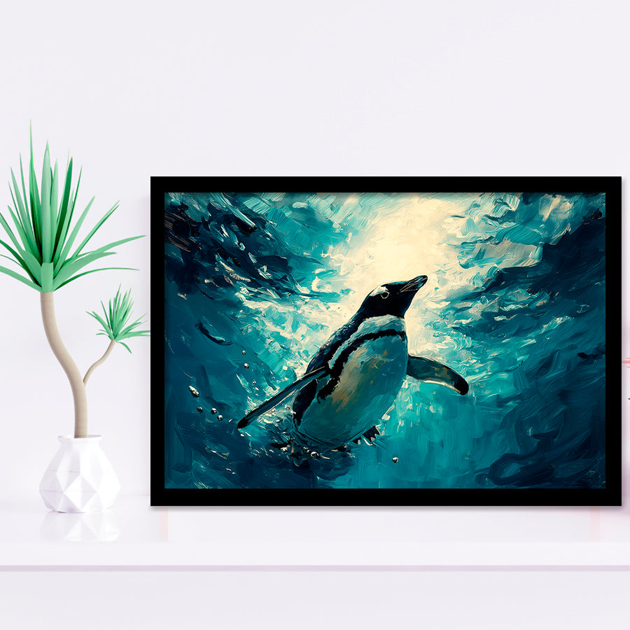 Penguin In The Blue Sea Ocean Acrylic Painting, Painting Art, Framed Art Print Wall Art Home Decor