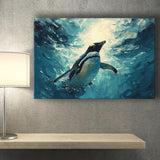Penguin In The Blue Sea Ocean Acrylic Painting, Art Print, Canvas Print Wall Art Home Decor
