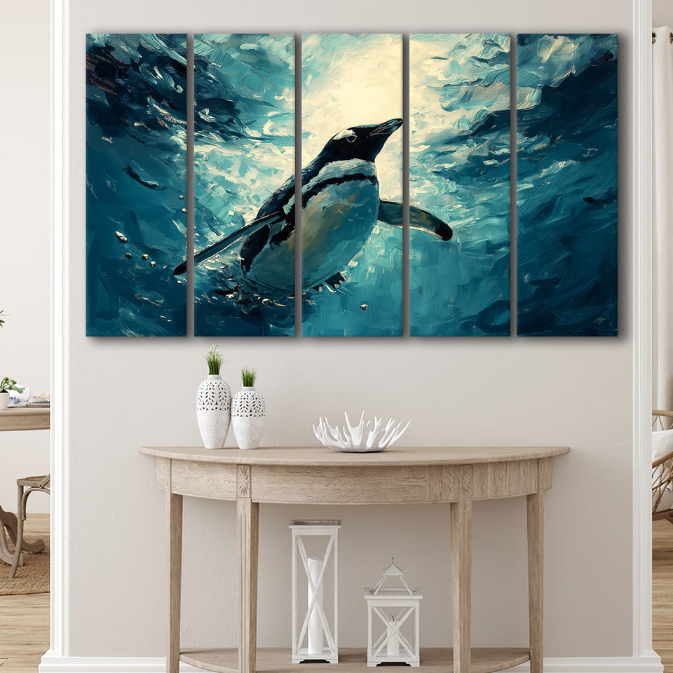 Penguin In The Blue Sea Ocean Acrylic Painting, Extra Large Canvas, Canvas Print Wall Art Decor
