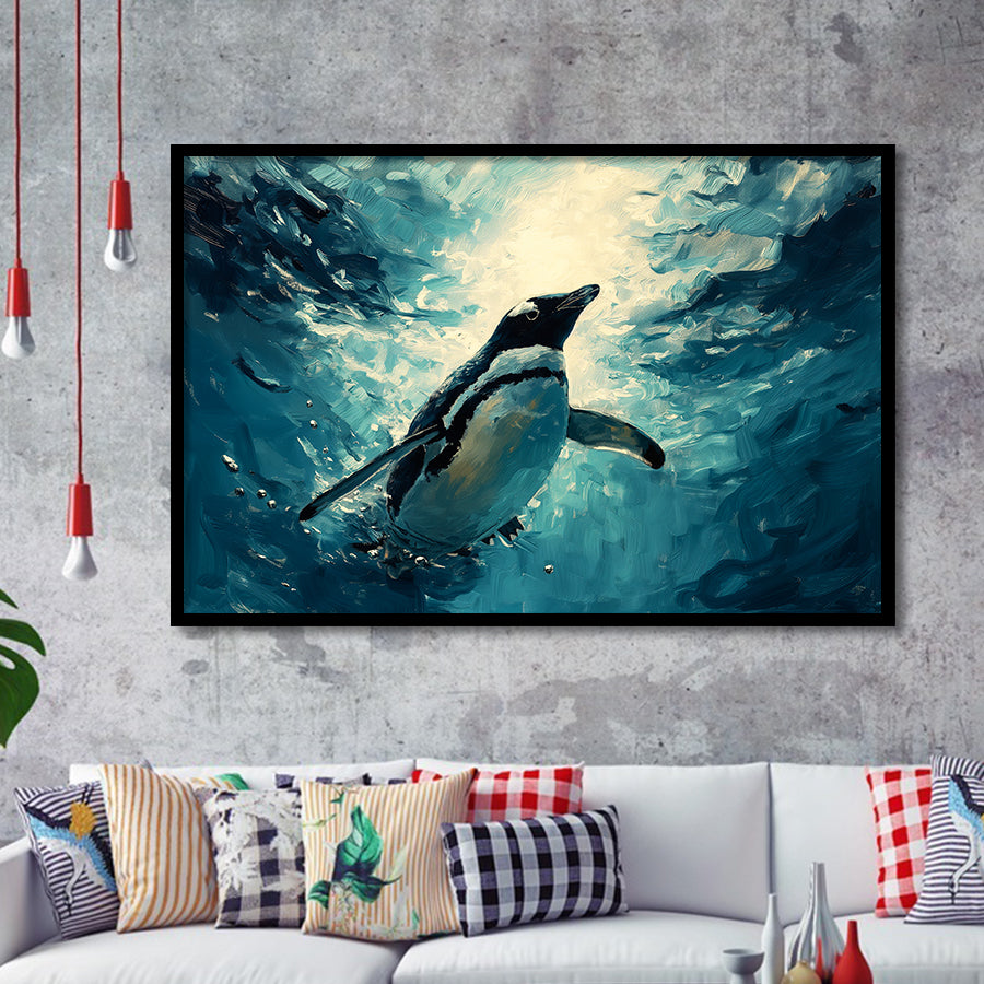 Penguin In The Blue Sea Ocean Acrylic Painting, Painting Art, Framed Art Print Wall Art Home Decor