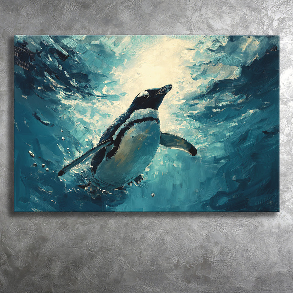Penguin In The Blue Sea Ocean Acrylic Painting, Art Print, Canvas Print Wall Art Home Decor