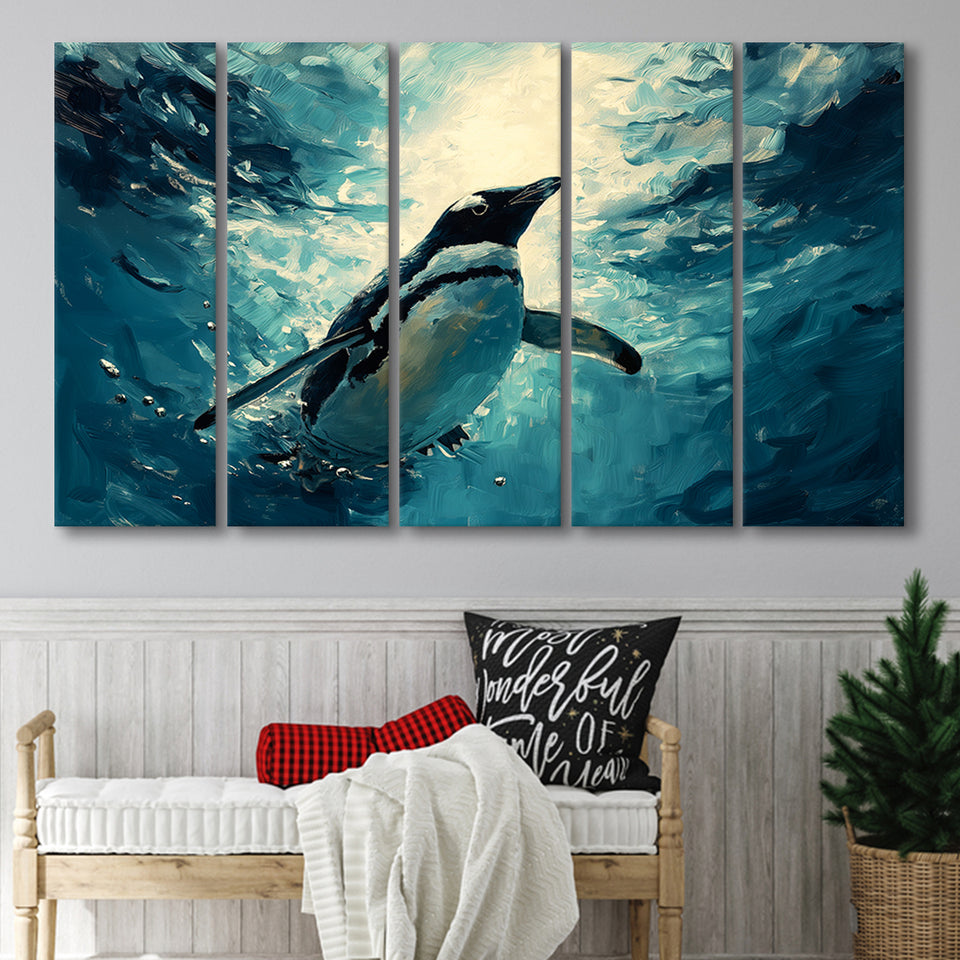 Penguin In The Blue Sea Ocean Acrylic Painting, Extra Large Canvas, Canvas Print Wall Art Decor