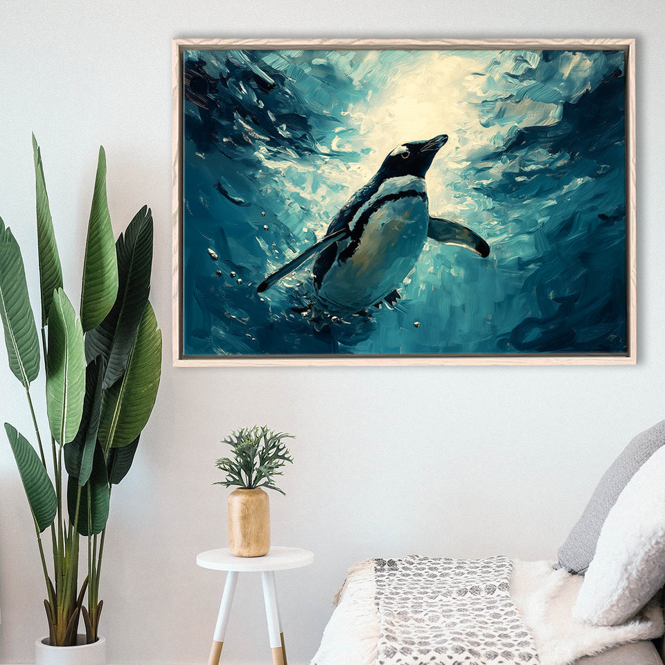Penguin In The Blue Sea Ocean Acrylic Painting, Floating Frame, Framed Canvas Print Wall Art Home Decor