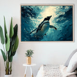 Penguin In The Blue Sea Ocean Acrylic Painting, Floating Frame, Framed Canvas Print Wall Art Home Decor
