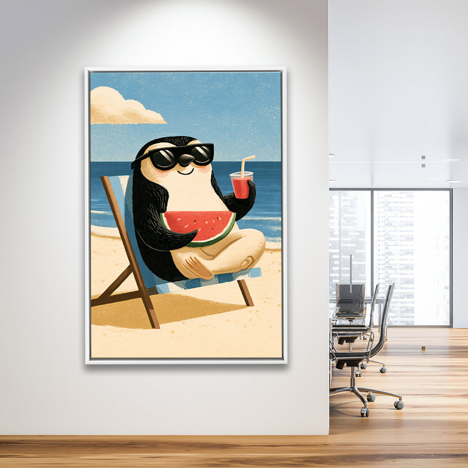 Penguin Relax Summer Time, Cute Pet Art, Cartoon Painting. Kid Room Decor, Framed Canvas Print, Floating Frame