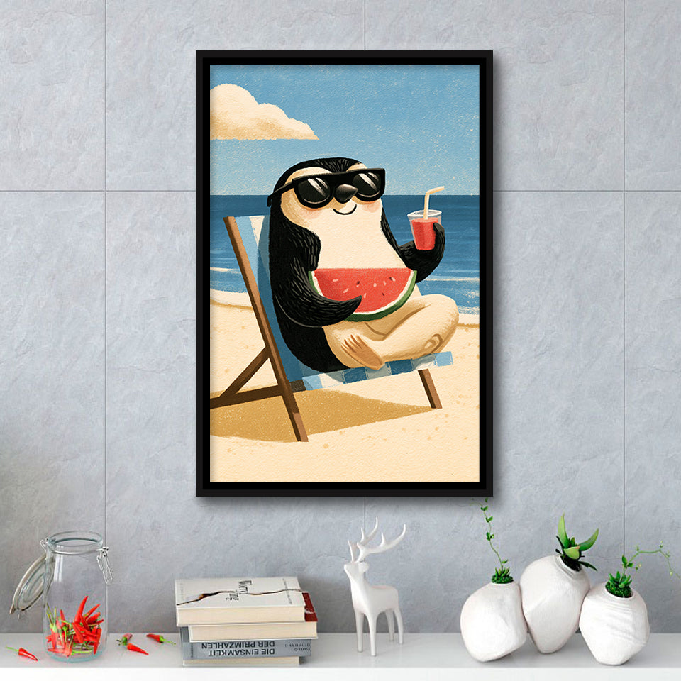 Penguin Relax Summer Time, Cute Pet Art, Cartoon Painting. Kid Room Decor, Framed Canvas Print, Floating Frame