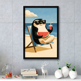 Penguin Relax Summer Time, Cute Pet Art, Cartoon Painting. Kid Room Decor, Framed Canvas Print, Floating Frame