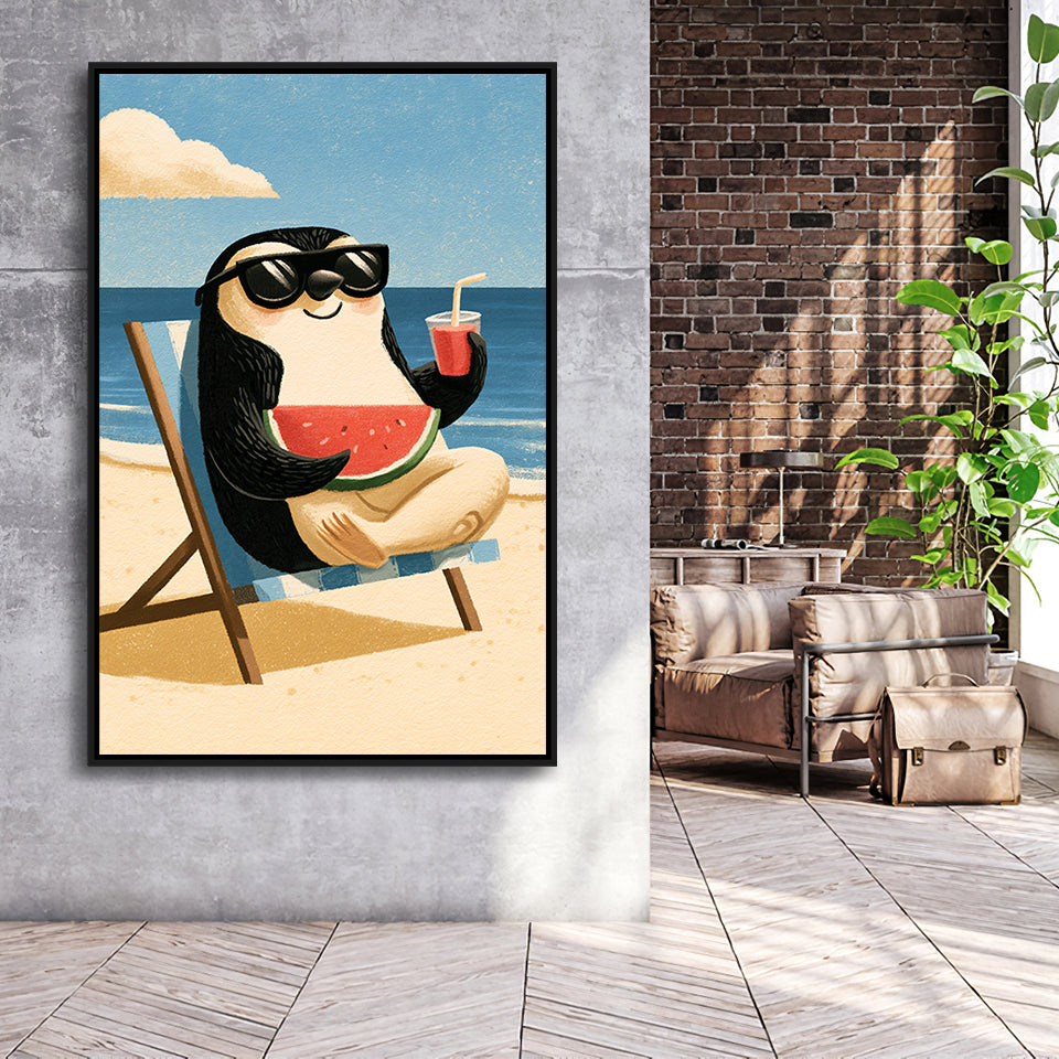 Penguin Relax Summer Time, Cute Pet Art, Cartoon Painting. Kid Room Decor, Framed Canvas Print, Floating Frame