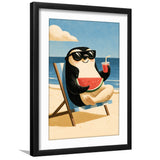Penguin Relax Summer Time, Cute Pet Art, Cartoon Painting. Kid Room Decor, Framed Art Print White Border