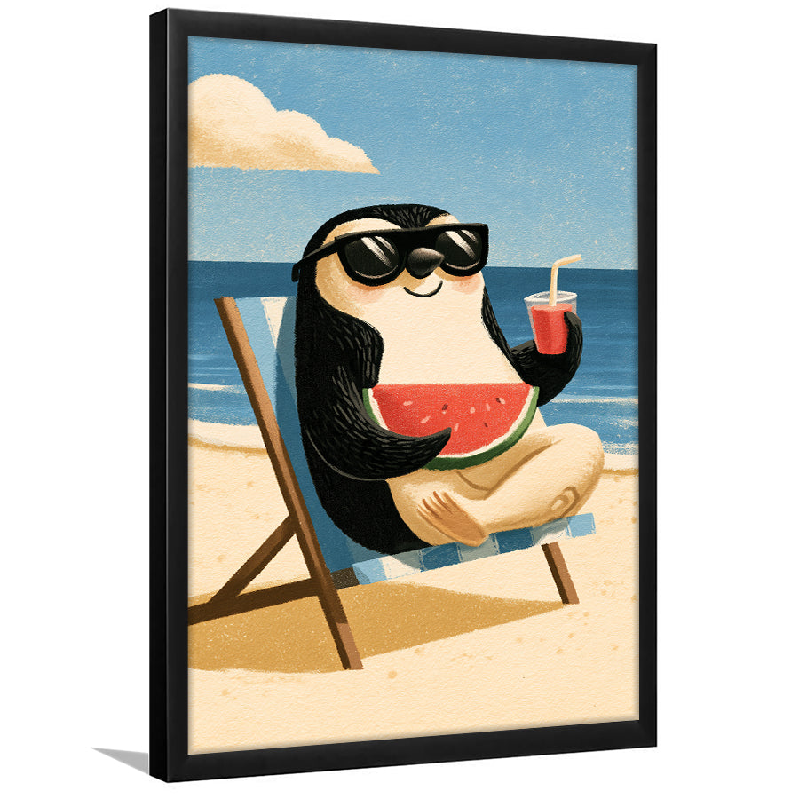 Penguin Relax Summer Time, Cute Pet Art, Cartoon Painting. Kid Room Decor, Framed Art Print, Fine Art Wall Decor