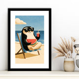 Penguin Relax Summer Time, Cute Pet Art, Cartoon Painting. Kid Room Decor, Framed Art Print White Border