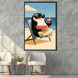 Penguin Relax Summer Time, Cute Pet Art, Cartoon Painting. Kid Room Decor, Framed Canvas Print, Floating Frame