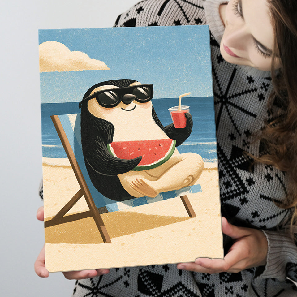 Penguin Relax Summer Time, Cute Pet Art, Cartoon Painting. Kid Room Decor, Canvas Print Wall Art, Wall Decor
