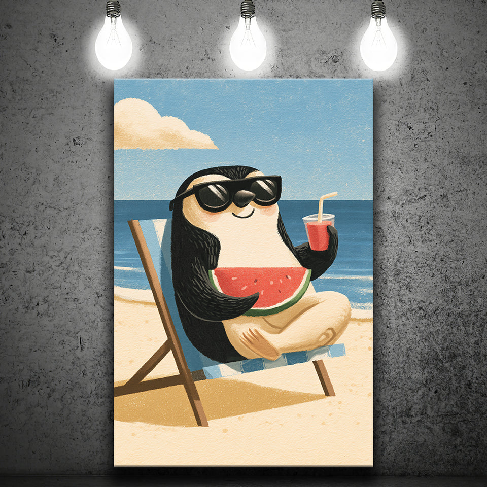 Penguin Relax Summer Time, Cute Pet Art, Cartoon Painting. Kid Room Decor, Canvas Print Wall Art, Wall Decor