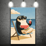 Penguin Relax Summer Time, Cute Pet Art, Cartoon Painting. Kid Room Decor, Canvas Print Wall Art, Wall Decor