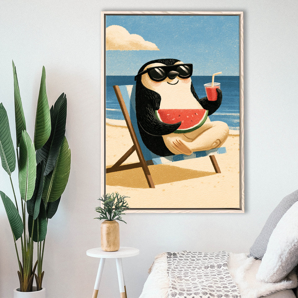 Penguin Relax Summer Time, Cute Pet Art, Cartoon Painting. Kid Room Decor, Framed Canvas Print, Floating Frame