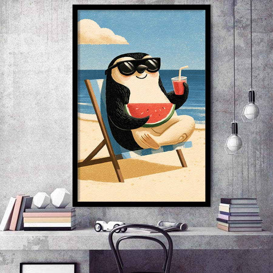 Penguin Relax Summer Time, Cute Pet Art, Cartoon Painting. Kid Room Decor, Framed Art Print, Fine Art Wall Decor