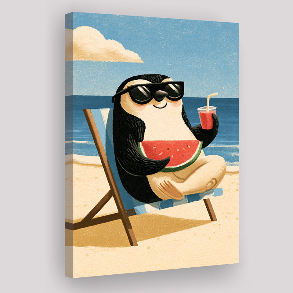 Penguin Relax Summer Time, Cute Pet Art, Cartoon Painting. Kid Room Decor, Canvas Print Wall Art, Wall Decor