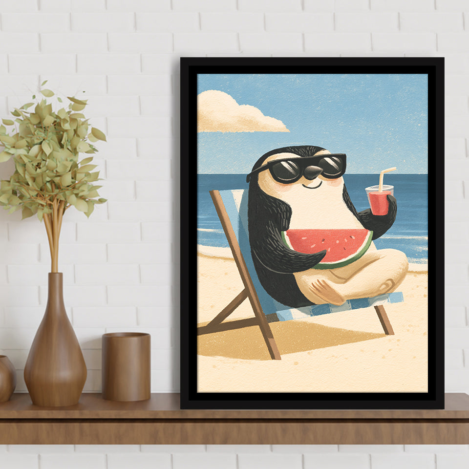 Penguin Relax Summer Time, Cute Pet Art, Cartoon Painting. Kid Room Decor, Framed Canvas Print, Floating Frame
