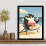 Penguin Relax Summer Time, Cute Pet Art, Cartoon Painting. Kid Room Decor, Framed Canvas Print, Floating Frame