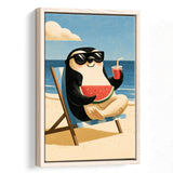 Penguin Relax Summer Time, Cute Pet Art, Cartoon Painting. Kid Room Decor, Framed Canvas Print, Floating Frame