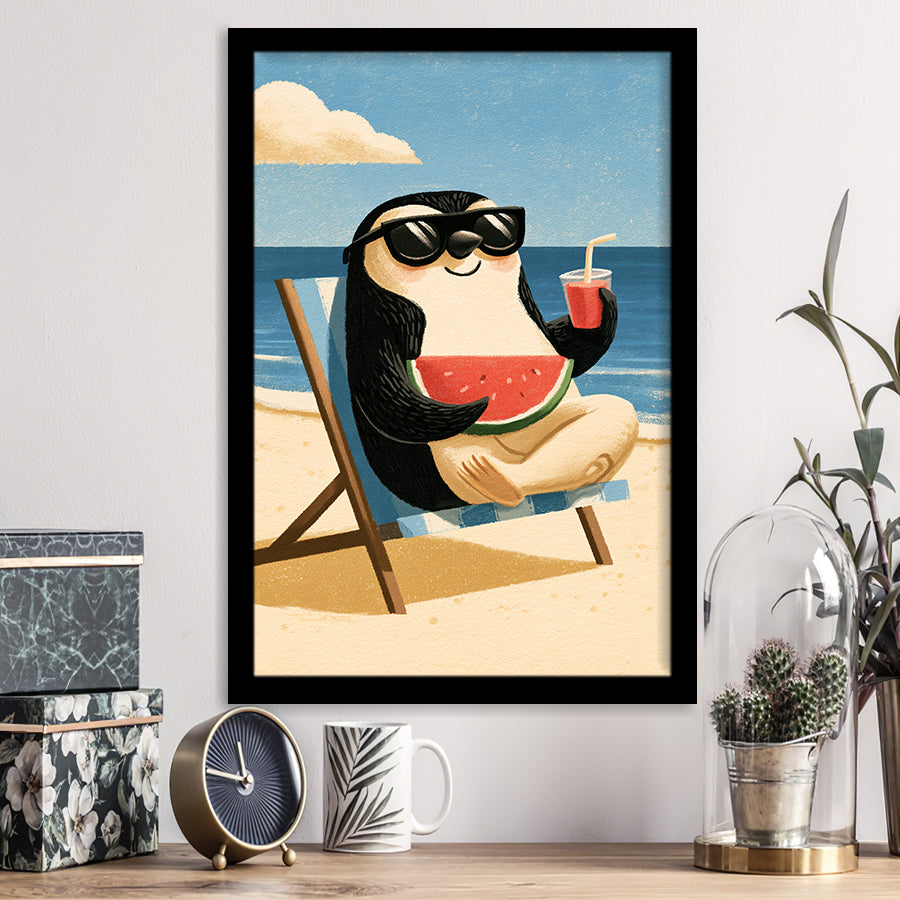 Penguin Relax Summer Time, Cute Pet Art, Cartoon Painting. Kid Room Decor, Framed Art Print, Fine Art Wall Decor