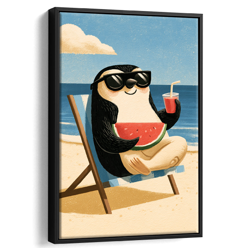 Penguin Relax Summer Time, Cute Pet Art, Cartoon Painting. Kid Room Decor, Framed Canvas Print, Floating Frame