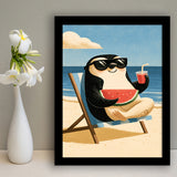Penguin Relax Summer Time, Cute Pet Art, Cartoon Painting. Kid Room Decor, Framed Art Print, Fine Art Wall Decor