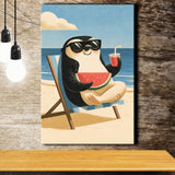 Penguin Relax Summer Time, Cute Pet Art, Cartoon Painting. Kid Room Decor, Canvas Print Wall Art, Wall Decor