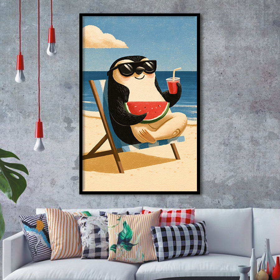 Penguin Relax Summer Time, Cute Pet Art, Cartoon Painting. Kid Room Decor, Framed Art Print, Fine Art Wall Decor