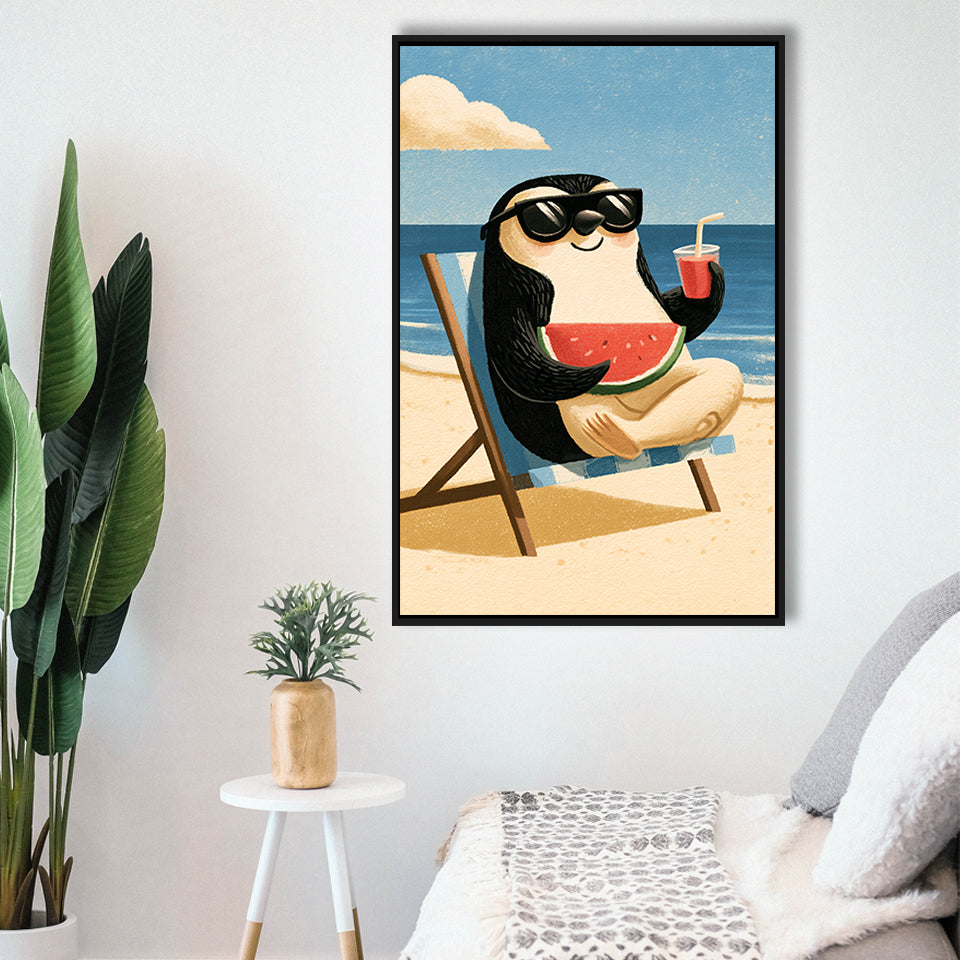 Penguin Relax Summer Time, Cute Pet Art, Cartoon Painting. Kid Room Decor, Framed Canvas Print, Floating Frame