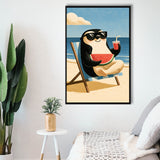 Penguin Relax Summer Time, Cute Pet Art, Cartoon Painting. Kid Room Decor, Framed Canvas Print, Floating Frame