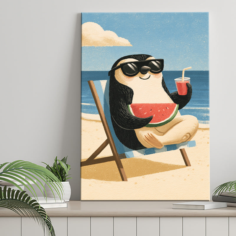 Penguin Relax Summer Time, Cute Pet Art, Cartoon Painting. Kid Room Decor, Canvas Print Wall Art, Wall Decor