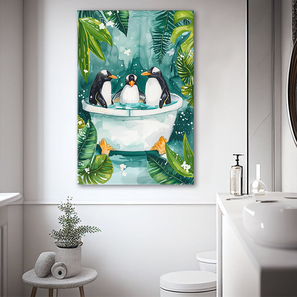 Penguins In Bathtub Bathroom Decor Print Funny Animal Art Canvas Prints Wall Art, Bathroom Art Decor100,