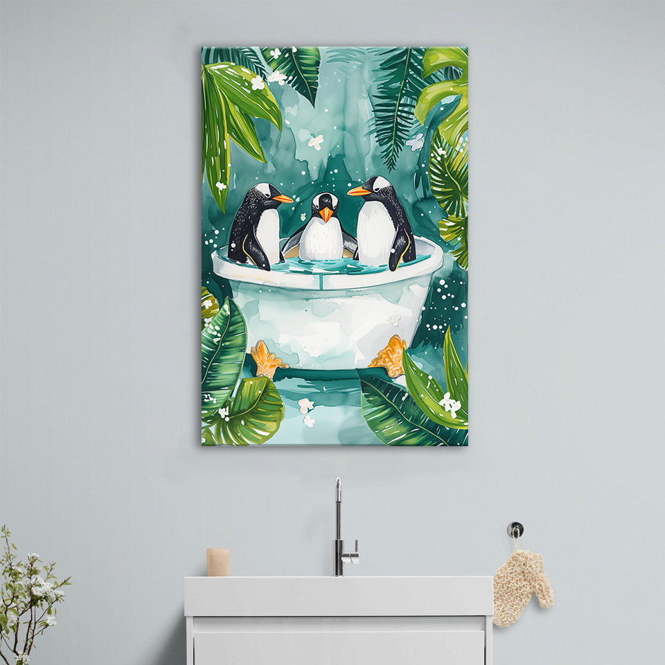 Penguins In Bathtub Bathroom Decor Print Funny Animal Art Canvas Prints Wall Art, Bathroom Art Decor100,