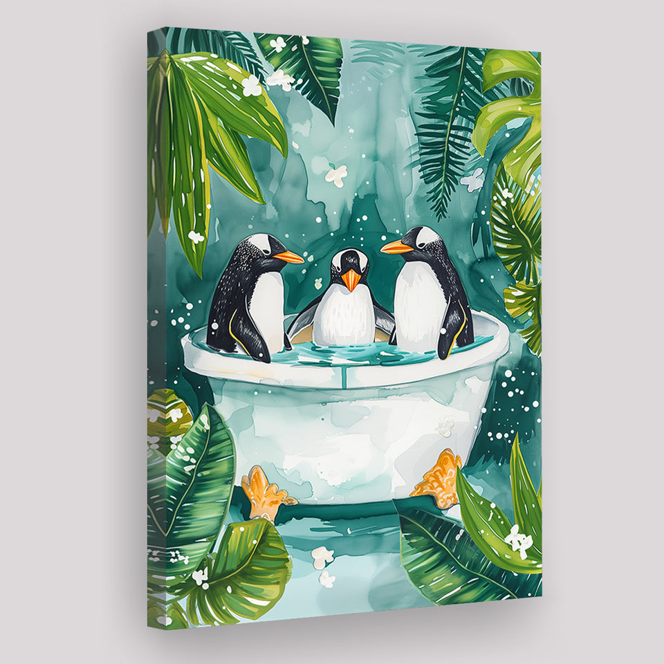 Penguins In Bathtub Bathroom Decor Print Funny Animal Art Canvas Prints Wall Art, Bathroom Art Decor100,