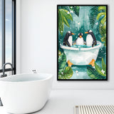 Penguins In Bathtub Bathroom Decor Print Funny Animal Art Framed Art Print Wall Decor, Bathroom Framed Art Decor V1