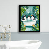 Penguins In Bathtub Bathroom Decor Print Funny Animal Art Framed Art Print Wall Decor, Bathroom Framed Art Decor V1