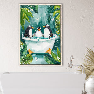 Penguins In Bathtub Bathroom Decor Print Funny Animal Art Framed Canvas Prints Wall Art, Bathroom Framed Art Decor V1