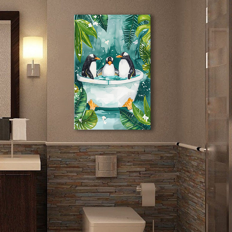 Penguins In Bathtub Bathroom Decor Print Funny Animal Art Canvas Prints Wall Art, Bathroom Art Decor100,