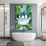 Penguins In Bathtub Bathroom Decor Print Funny Animal Art Canvas Prints Wall Art, Bathroom Art Decor100,