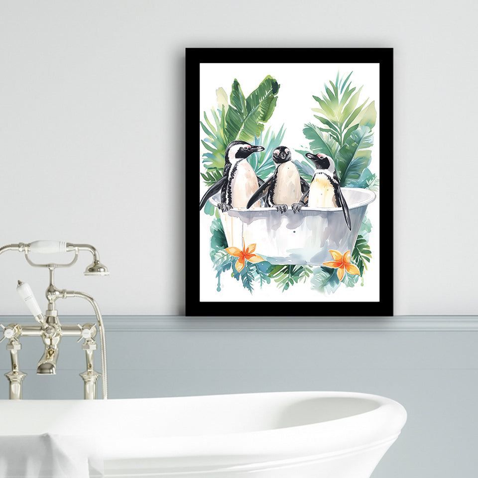 Penguins In Bathtub Bathroom Decor Print Funny Animal Art Framed Art Print Wall Decor, Bathroom Framed Art Decor