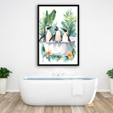 Penguins In Bathtub Bathroom Decor Print Funny Animal Art Framed Art Print Wall Decor, Bathroom Framed Art Decor