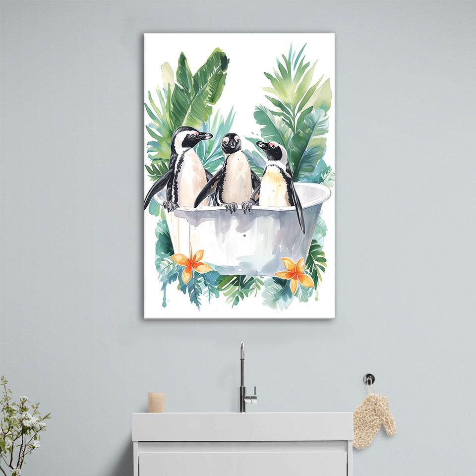 Penguins In Bathtub Bathroom Decor Print Funny Animal Art Canvas Prints Wall Art, Bathroom Art Decor,