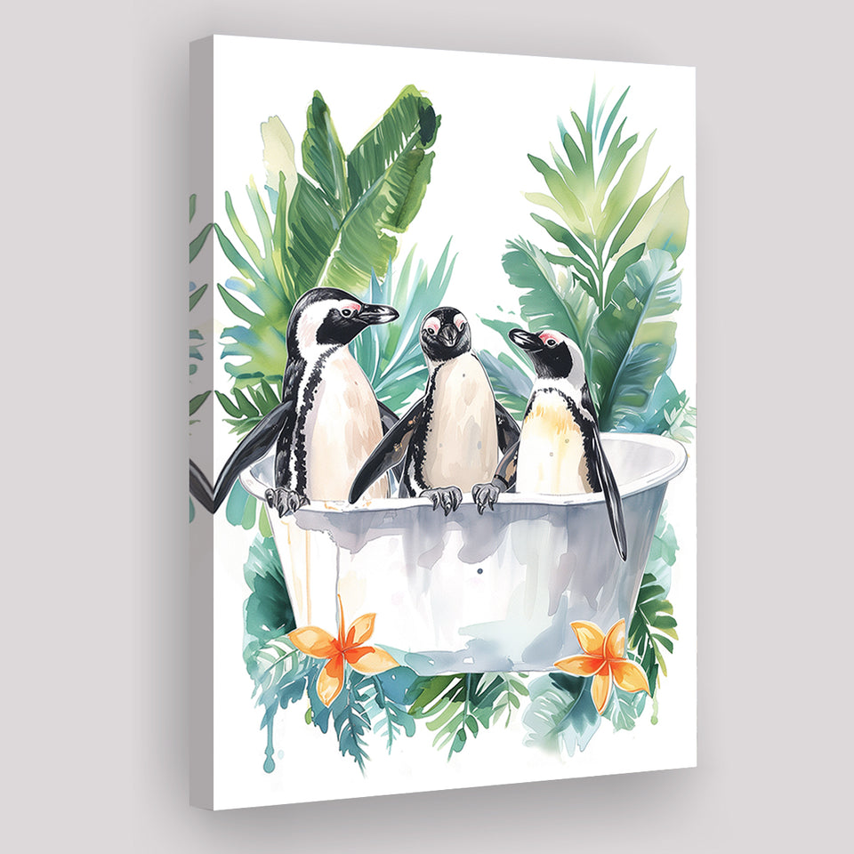 Penguins In Bathtub Bathroom Decor Print Funny Animal Art Canvas Prints Wall Art, Bathroom Art Decor,