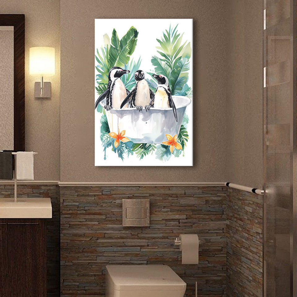 Penguins In Bathtub Bathroom Decor Print Funny Animal Art Canvas Prints Wall Art, Bathroom Art Decor,