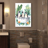 Penguins In Bathtub Bathroom Decor Print Funny Animal Art Canvas Prints Wall Art, Bathroom Art Decor,