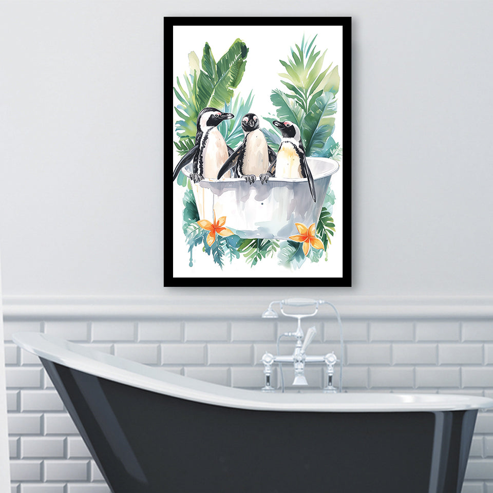 Penguins In Bathtub Bathroom Decor Print Funny Animal Art Framed Art Print Wall Decor, Bathroom Framed Art Decor