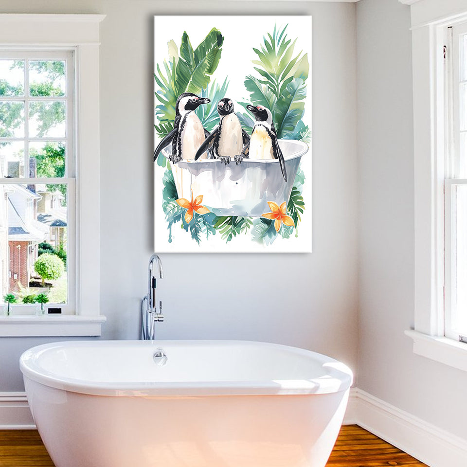 Penguins In Bathtub Bathroom Decor Print Funny Animal Art Canvas Prints Wall Art, Bathroom Art Decor,